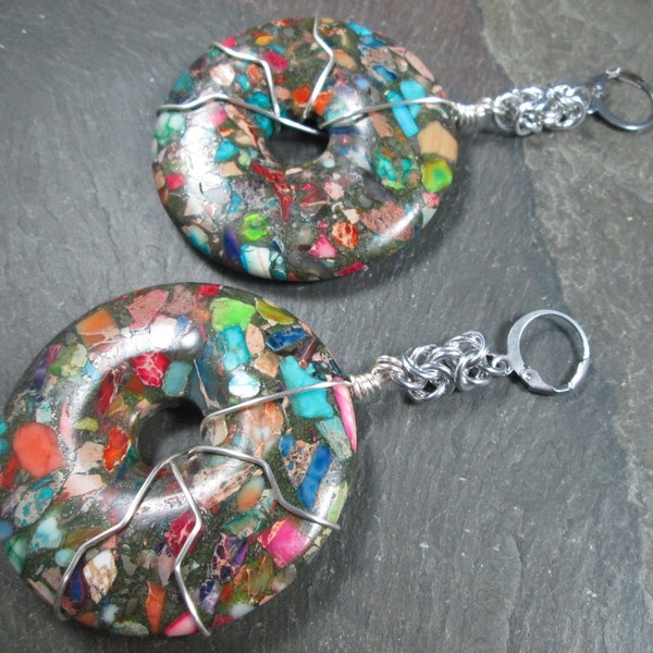 Large Decorative Ear Weights, Gauged Earrings, Rainbow Sea Sediment Jasper, Gemstone Donuts, Earrings for Tunnels, Plug Friendly