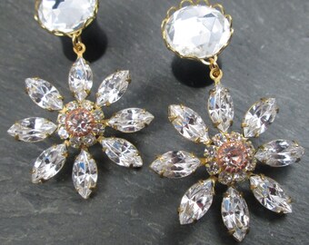Dangle Plugs / Gauged Earrings / Wedding Jewelry / Rhinestone Flowers / Gift for Her