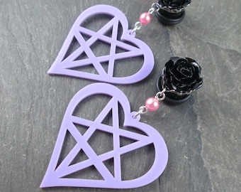 Dangle Plugs, 9/16" 14mm, Inverted Heart Pentagram, Pastel Goth, Gauged Plug Earrings, Alternative Wedding, Rose and Pearl