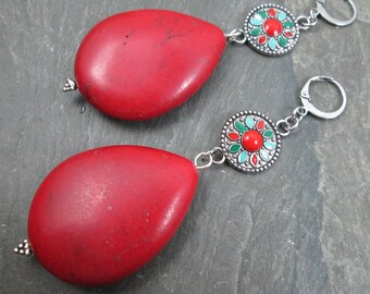 Decorative Ear Weights - Red Green and Turquoise - Dangle Earrings for Stretched Lobes - Teardrop Ear Weights - Earrings for Tunnels