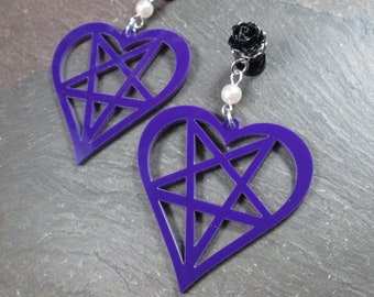 Heart Pentagram Dangle Plugs, 12g, 10g, 8g, 6g, 4g, 2g, 0g, Purple Gauged Plug Earrings, Alternative Wedding, Pastel Goth, Gothic Bride