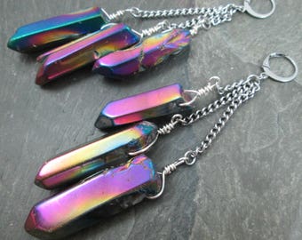 Decorative Ear Weights - Rainbow Coated Quartz - Dangle Earrings for Stretched Lobes - Rainbow Weights - Earrings for Tunnels
