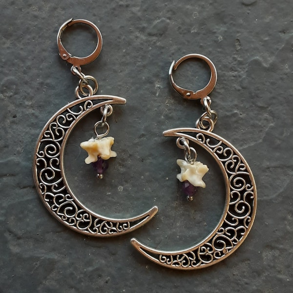 Tunnel Friendly Earrings, Crescent Moon and Amethyst, Snake Vertebrae Bones, Gemstone Ear Hangers, Ethical Bones, Pagan Jewelry