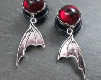 Dangle Plugs, 12g, 10g, 8g, 6g, 4g, 2g, 0g, 00g, 1/2", Bat Wings, Halloween Gauges, Gauged Plug Earrings, Gothic Jewelry, Goth Bride