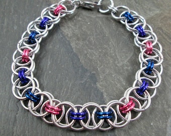 Chainmail Bracelet, Bisexual Pride Colors, Aluminum Chainmaille Jewelry