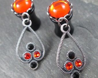 Dainty Dangle Plugs, 12g, 10g, 8g, 6g, 4g, 2g, 0g, Bridal Gauges, Black and Orange, Faceted Rhinestone, Halloween Wedding Accessories