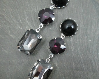 Dangle Plugs, 12g, 10g, 8g, 6g, 4g, 2g, 0g, 00g, 1/2", 9/16", 5/8", 3/4", 7/8", 1", Gauged Plug Earrings, Black and Purple Rhinestone