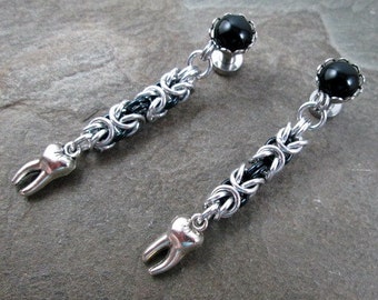Gothic Tooth Gauged Plug Earrings Silver and Black Byzantine Chainmail Jewelry