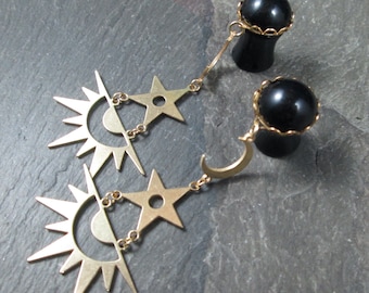 Celestial Dangle Plugs, Moon Star Sun Gauges, Witchy Jewelry