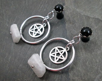 Dangle Plugs, 12g, 10g, 8g, 6g, 4g, 2g, 0g, 00g, 1/2", 9/16", 5/8", 3/4", Pentacle Moonstone, Pagan Jewelry,  Gauged Plug Earrings