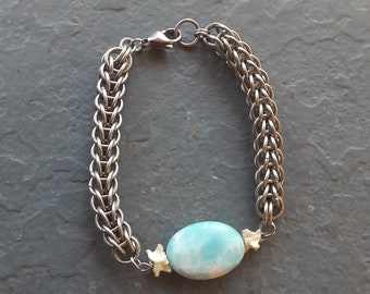 Chainmaille Bracelet, Full Persian, Stainless Steel Chainmail, Chain Link, Woven Metal, Larimar and Bone Jewelry