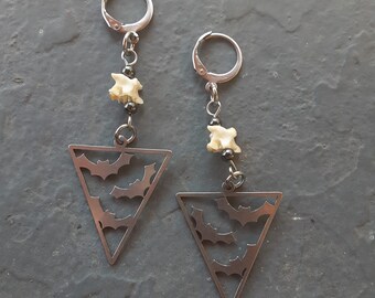 Tunnel Friendly Earrings, Bats and Hematite, Snake Vertebrae Bones, Gemstone Ear Hangers, Ethical Bones, Pagan Jewelry