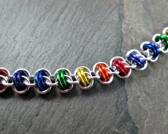 Chainmaille Bracelet, LGBTQ Pride, Barrel Weave, Rainbow Chainmail Jewelry, Lightweight Aluminum