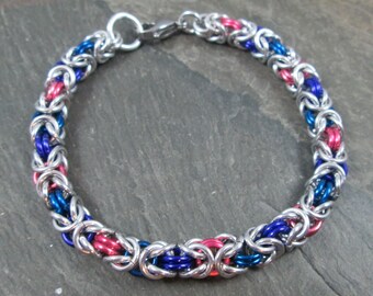 Chainmaille Bracelet, Bisexual Pride, Byzantine Weave, LGBTQ Chainmail Jewelry, Pink Purple Blue, Bi Pride