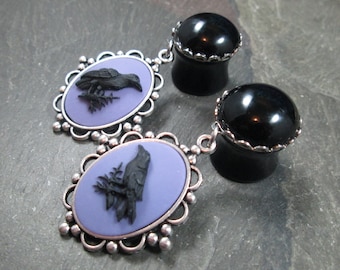 Dangle Plugs, 12g, 10g, 8g, 6g, 4g, 2g, 0g, 00g, 1/2", 9/16", 5/8", 3/4", 7/8" 1", Gothic Wedding, Raven Gauges, Gauged Plug Earrings