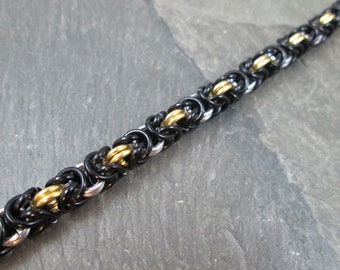 Chainmaille Bracelet, Byzantine Weave, Black Silver and Gold, Aluminum Chain, Chainmail Jewelry