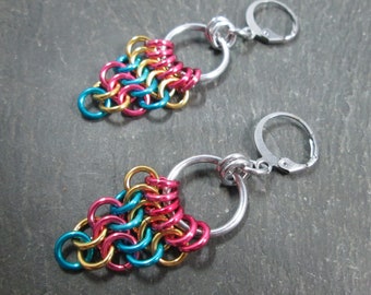Chainmaille Earrings, LGBTQ Jewelry, European Fans, Pan Pride, Pansexual Colors, Stainless Steel Leverbacks