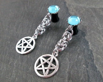 Dangle Plugs, 12g, 10g, 8g, 6g, 4g, 2g, 0g, Pagan Pentacle Jewelry, Wiccan Handfasting Accessories, Gauged Plug Earrings