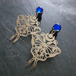 Moth Dangle Plugs, 00g 10mm, 1/2&quot; 12mm, Gothic Wedding Gauges, Gauged Plug Earrings, Alternative Wedding, Luna Moth, Brass Moon Jewelry