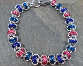 Chainmaille Bracelet, Bisexual Pride, Barrel Weave, LGBTQ Chainmail Jewelry, Pink Purple Blue, Bi Pride