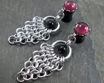 Dangle Plugs, 12g, 10g, 8g, 6g, 4g, 2g, 0g, Gothic Wedding Gauges,  Chainmaille Jewelry, Gauged Plug Earrings, Goth Bridal