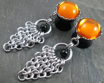 Dangle Plugs, 5/8" 16mm, Gothic Wedding, Bridal Gauges, Chainmail Jewelry, Gauged Plug Earrings, Goth Bride