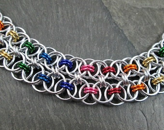 Chainmaille Bracelet, Rainbow Chainmail Jewelry, Double Row Helm Weave, LQBTQ Pride