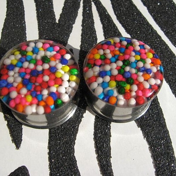 CLEARANCE 3/4" 19mm Rainbow Candy Sprinkle and Hot Pink Glitter Double Flare Surgical Steel Plugs