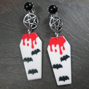 Coffin Plugs, 12g, 10g, 8g, 6g, 4g, 2g, 0g, 00g, 1/2&quot;, 9/16&quot;, 5/8&quot;, 3/4&quot;, 7/8&quot;, 1&quot;, Gauged Plug Earrings, Halloween Jewelry, Blood and Bats