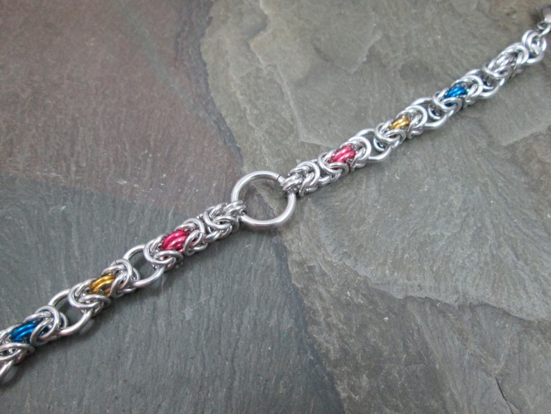 LGBTQ Chainmail Jewelry Pansexual Pride Pink Yellow Blue and Silver Chainmaille Bracelet Byzantine Weave