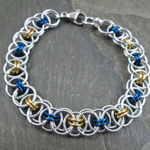 Chainmaille Bracelet, Blue Gold Silver, Helm Weave, Link Bracelet, Chainmail Jewelry, Lightweight Aluminum