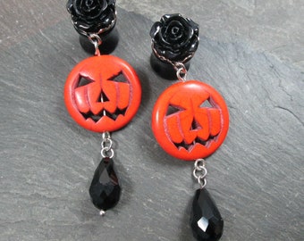 Halloween Dangle Plugs, 00g 10mm, 1/2" 12mm, Jack O Lantern, Pumpkin Gauged Earrings, Gothic Wedding Jewelry