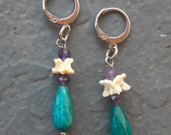 Tunnel Friendly Earrings, Amethyst and Apatite, Snake Vertebrae Bones, Gemstone Ear Hangers, Ethical Bones, Pagan Jewelry