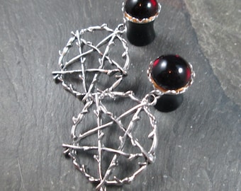 Dangle Plugs, 00g 10mm, 1/2" 12mm, Branch Pentacles, Gothic Jewelry, Gauged Plug Earrings, Alternative Wedding, Goth Bride