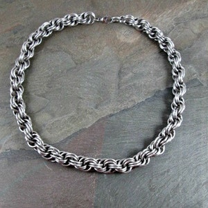Chainmaille Necklace, Stainless Steel, Biker Jewelry, Double Spiral, Steel Chain, Chainmail Jewelry, Mens Necklace