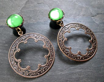 Dangle Plugs, 00g 10mm, 1/2" 12mm, Antiqued Brass, Tribal Filigree Hoops, Gauged Plug Earrings, Wedding Jewelry