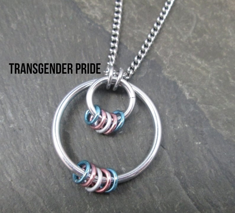 LGBTQ Pride Pendant, Aluminum Hoops, Stainless Steel Chain, Choose Your Colors, Gay, Bi, Trans, Pan, Ace, Non Binary, Genderfluid, Poly image 4