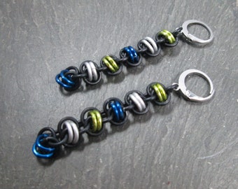 Chainmaille Earrings, Black Blue Green White, Barrel Weave, Chainmail Jewelry, Lightweight Aluminum, Stainless Steel Leverbacks