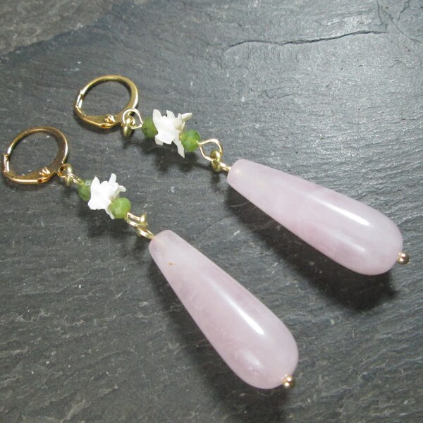 Tunnel Friendly Earrings, Rose Quartz and Jade, Snake Vertebrae Bones, Gemstone Ear Hangers, Ethical Bones, Brass Jewelry