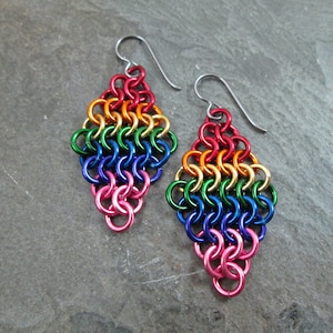 Chainmaille Earrings, Rainbow Chainmail, LGBTQ Pride, European Weave, Hypoallergenic Niobium