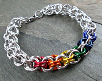 Chainmaille Bracelet, LGBTQ Pride, Inverted Roundmaille, Rainbow Chainmail Jewelry, Lightweight Aluminum