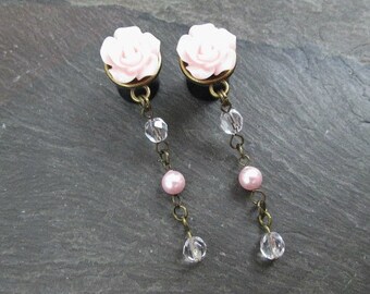 Dangle Plugs, 00g 10mm, Pink Rose, Wedding Gauges, Bridal Jewelry, Prom Accessories