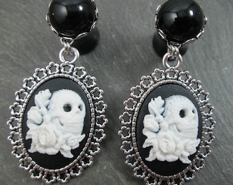 Dangle Plugs, 12g, 10g, 8g, 6g, 4g, 2g, 0g, 00g, 1/2", 9/16", 5/8", 3/4", 7/8", 1", Halloween Wedding, Gauged Plug Earrings, Skull and Rose