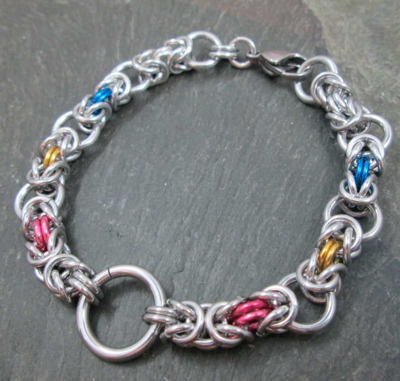 LGBTQ Chainmail Jewelry Pansexual Pride Pink Yellow Blue and Silver Chainmaille Bracelet Byzantine Weave