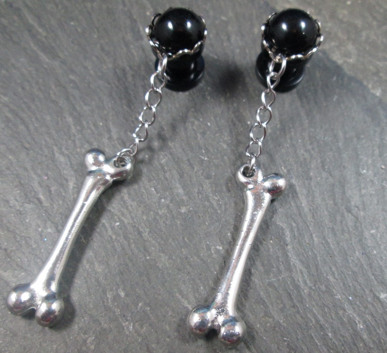 Dangle Plugs, 12g, 10g, 8g, 6g, 4g, 2g, 0g, 00g, 1/2, 9/16, 5/8, 3/4, Femur Bone Jewelry, Gauged Plug Earrings, Alternative Wedding image 4