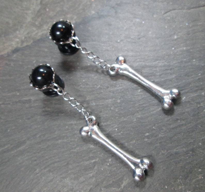 Dangle Plugs, 12g, 10g, 8g, 6g, 4g, 2g, 0g, 00g, 1/2, 9/16, 5/8, 3/4, Femur Bone Jewelry, Gauged Plug Earrings, Alternative Wedding image 3