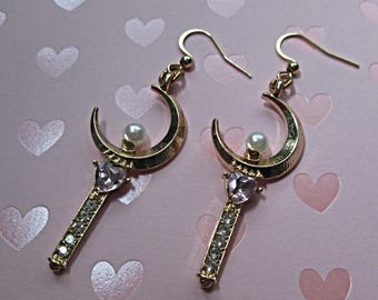 Magical Girl Moon Scepter Pearl Rhinestone Dangle Earrings