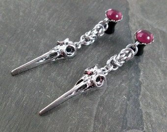 Crow Skull Dangle Plugs: Gothic Gauged Earrings, Chainmaille Jewelry