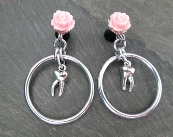 Dangle Plugs, 12g, 10g, 8g, 6g, 4g, 2g, 0g, Tooth and Rose Gauges, Creepy Gauged Plug Earrings, Teeth Jewelry, Pastel Goth Accessories