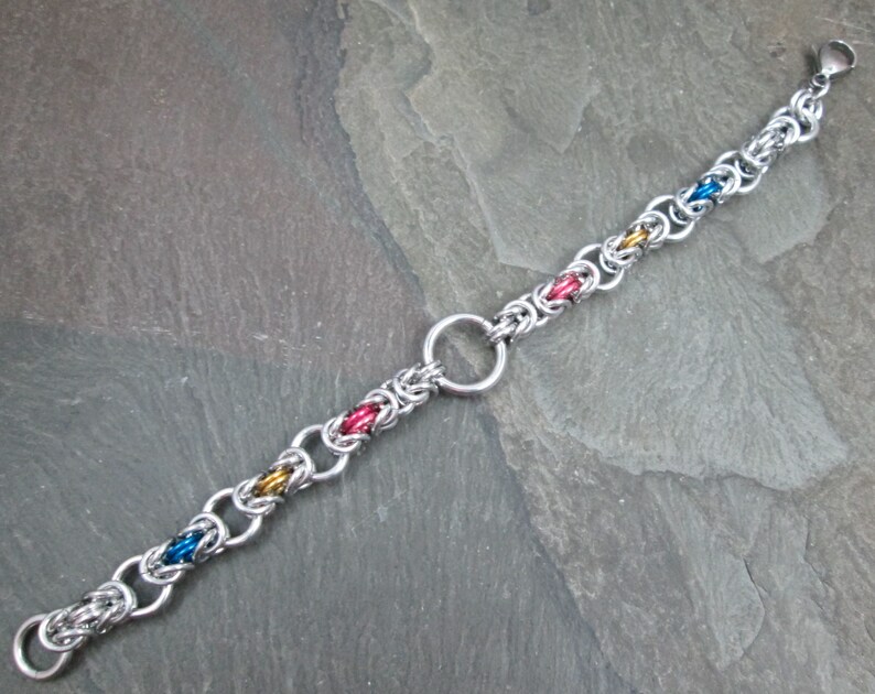 LGBTQ Chainmail Jewelry Pansexual Pride Pink Yellow Blue and Silver Chainmaille Bracelet Byzantine Weave
